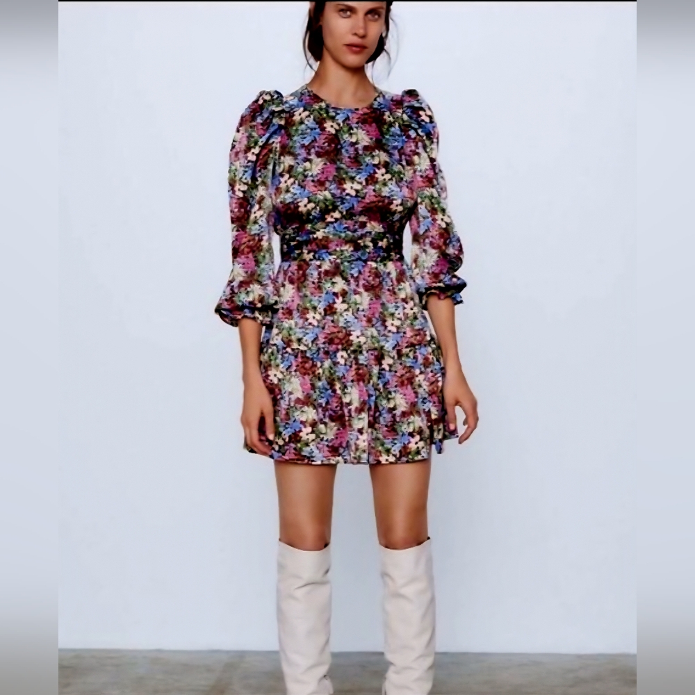 Zara Satin Floral Multicolor Dress, size S